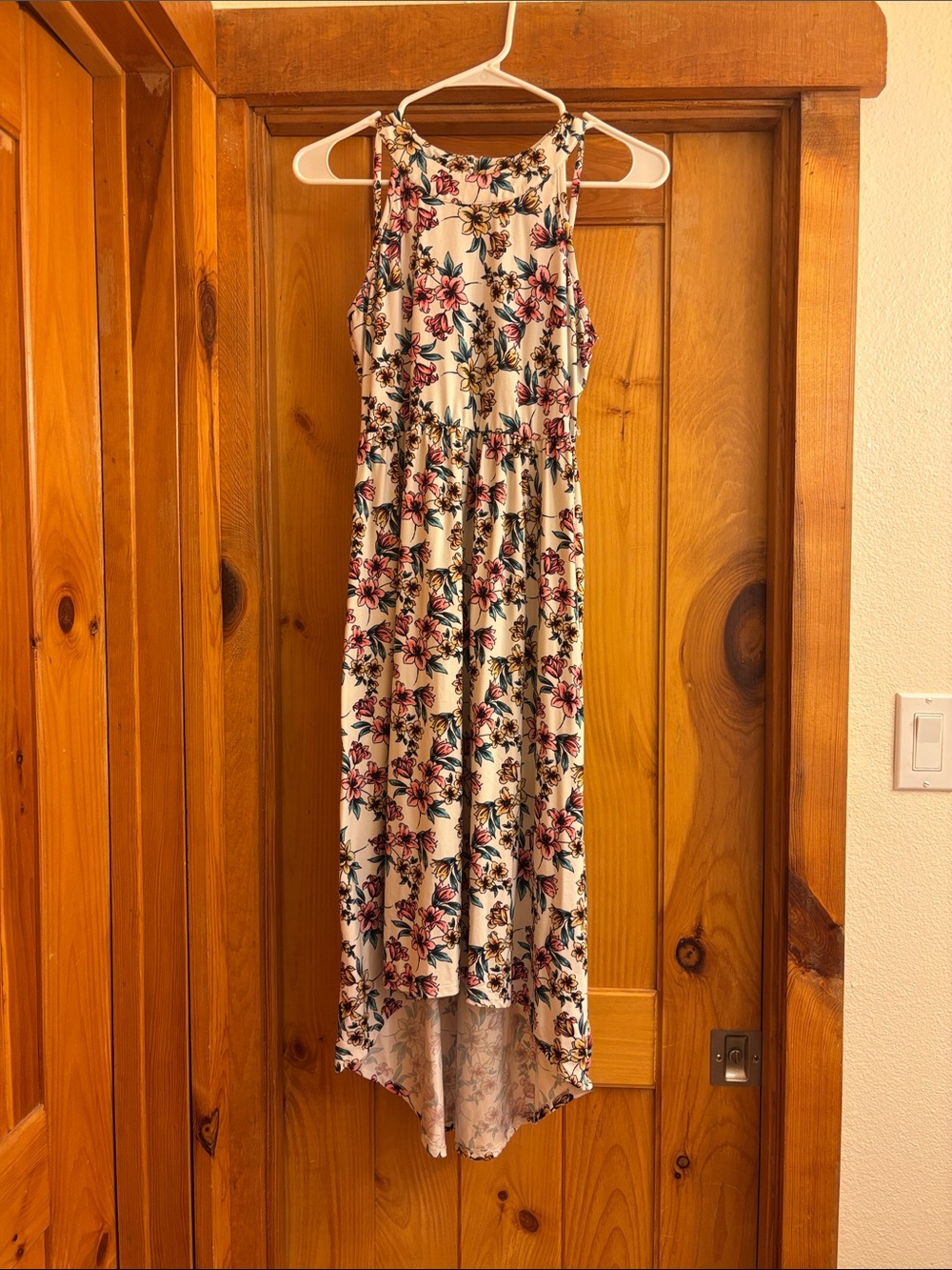 paper doll Cream Floral High-Low Dress with Pink and Green Accents